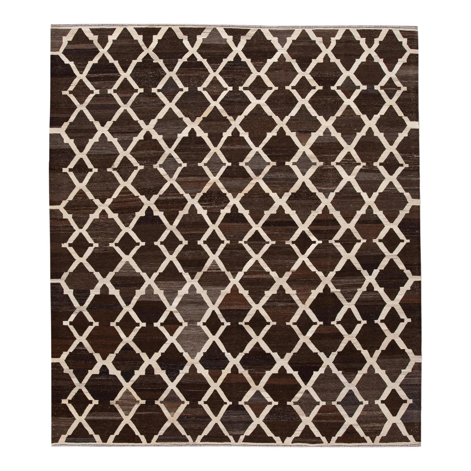 Hand-Knotted Brown Wool Kilim Rug 8'7 x 9'10 Trellis Design: Hand-Knotted Brown Wool Kilim Rug 8'7 x 9'10 Trellis Design Enhance your living space with this stunning contemporary kilim wool rug. Hand knotted with a beautiful flat-weave design, it features a ric