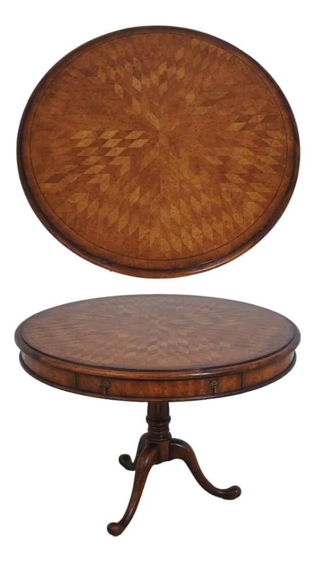 English Style Oak Drum Table with Marquetry Inlay and Brass Hardware (1 of 10)