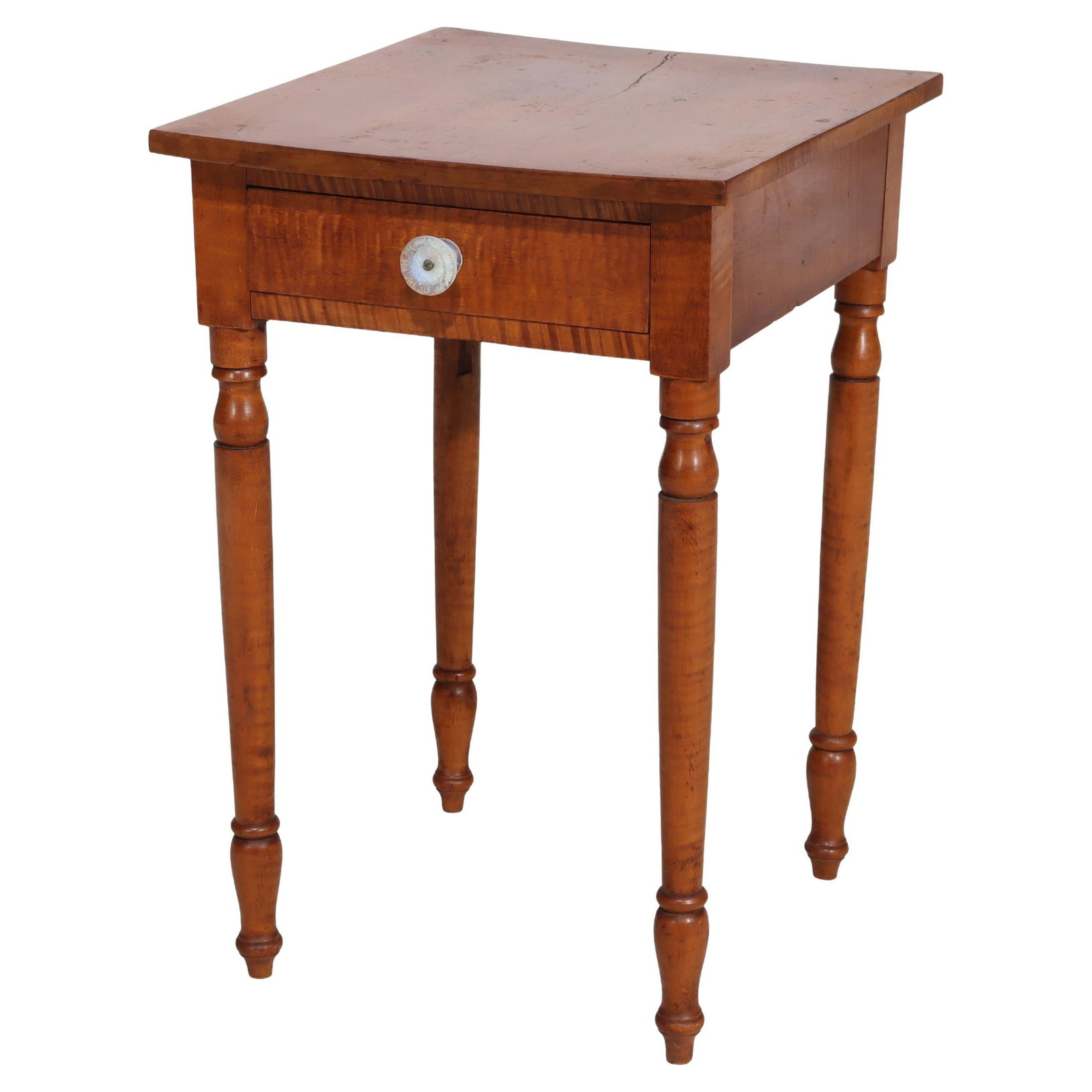 Tiger Maple Federal Side Stand With Single Drawer and Glass Knob Circa 1840: Tiger Maple Federal Side Stand With Single Drawer and Glass Knob Circa 1840 This antique Sheraton single-drawer stand, dating to around 1840, is crafted from highly figured tiger maple. Showcasing the