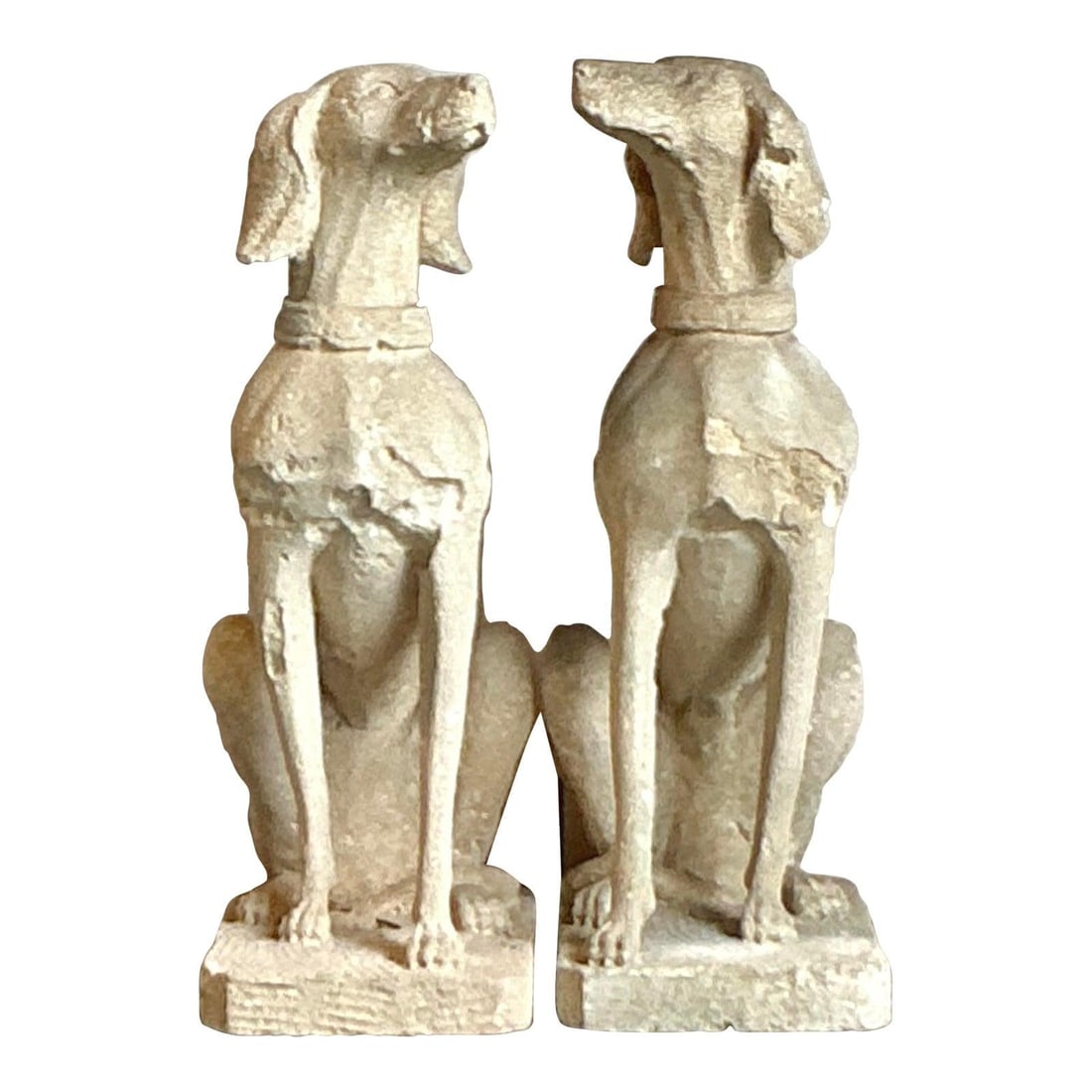 Pair of Regency Style Distressed Concrete Dog Statues: Pair of Regency Style Distressed Concrete Dog Statues This is a stately pair of vintage Regency-style cast concrete dog statues, each featuring a distressed finish and weathered patina that provide an