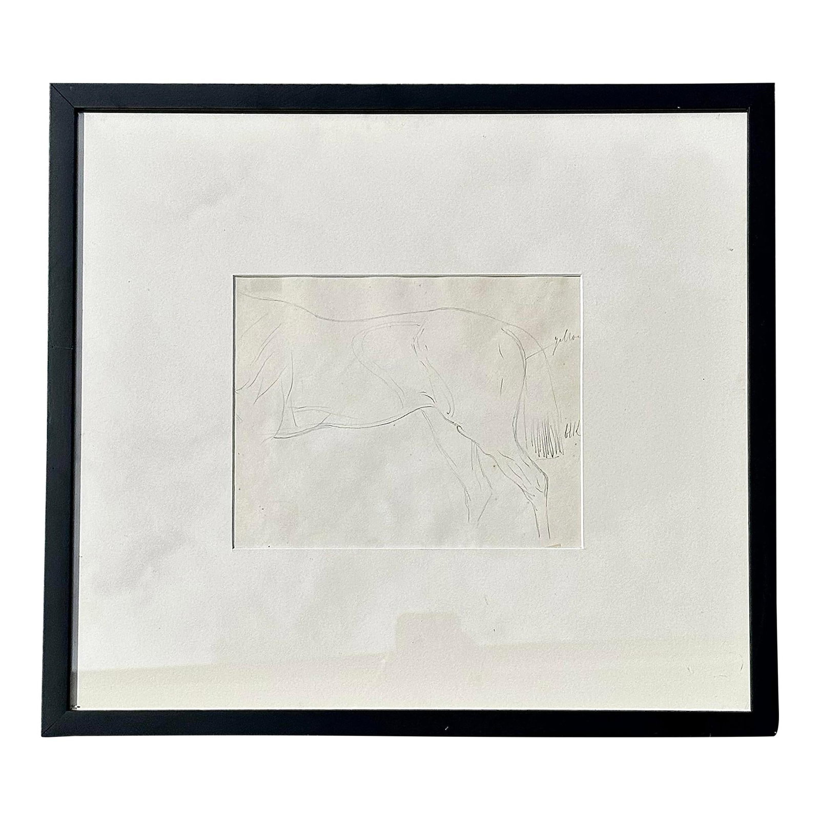 Vintage Framed Horse Sketch Print in Black Frame: Vintage Framed Horse Sketch Print in Black Frame This vintage sketch features a beautifully detailed drawing of a horse, rendered in pencil on paper. It is elegantly framed in a simple black frame, ma