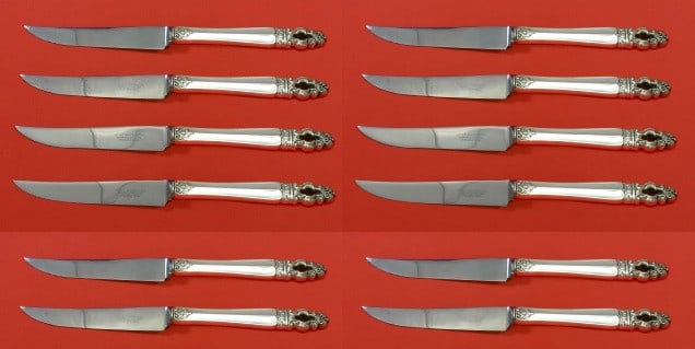 Gorham Sovereign Hispana Sterling Silver Steak Knife Set 12 pcs 9 3/4": Gorham Sovereign Hispana Sterling Silver Steak Knife Set 12 pcs 9 3/4" Enhance your dining experience with this exquisite set of 12 steak knives from the Sovereign Hispana pattern by Gorham. Crafted f