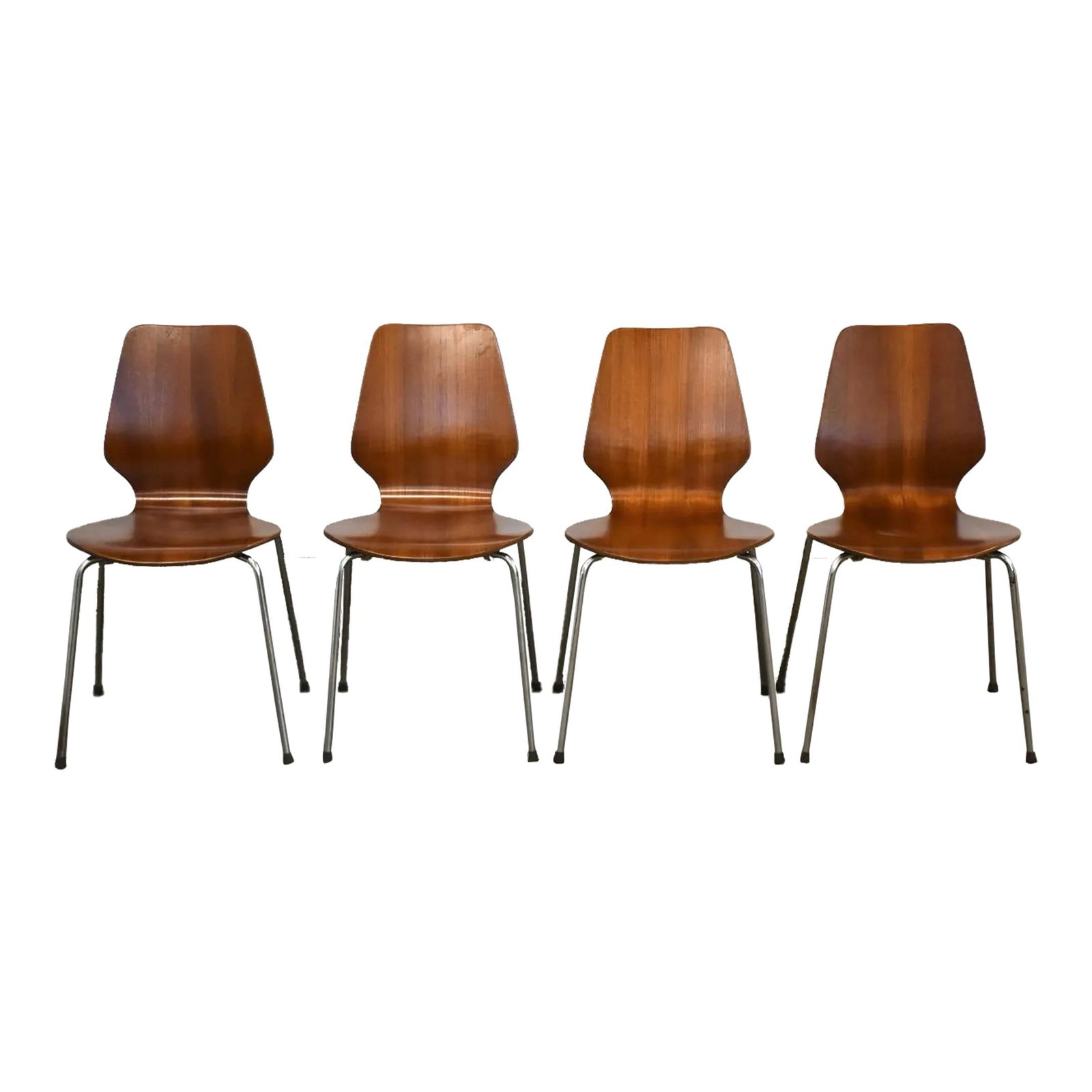Set of 4 Danish Modern Teak Dining Chairs Steel Legs: Set of 4 Danish Modern Teak Dining Chairs Steel Legs Discover a stunning set of four mid-century modern dining chairs, expertly crafted from teak and supported by sleek steel rod legs. These elegant c