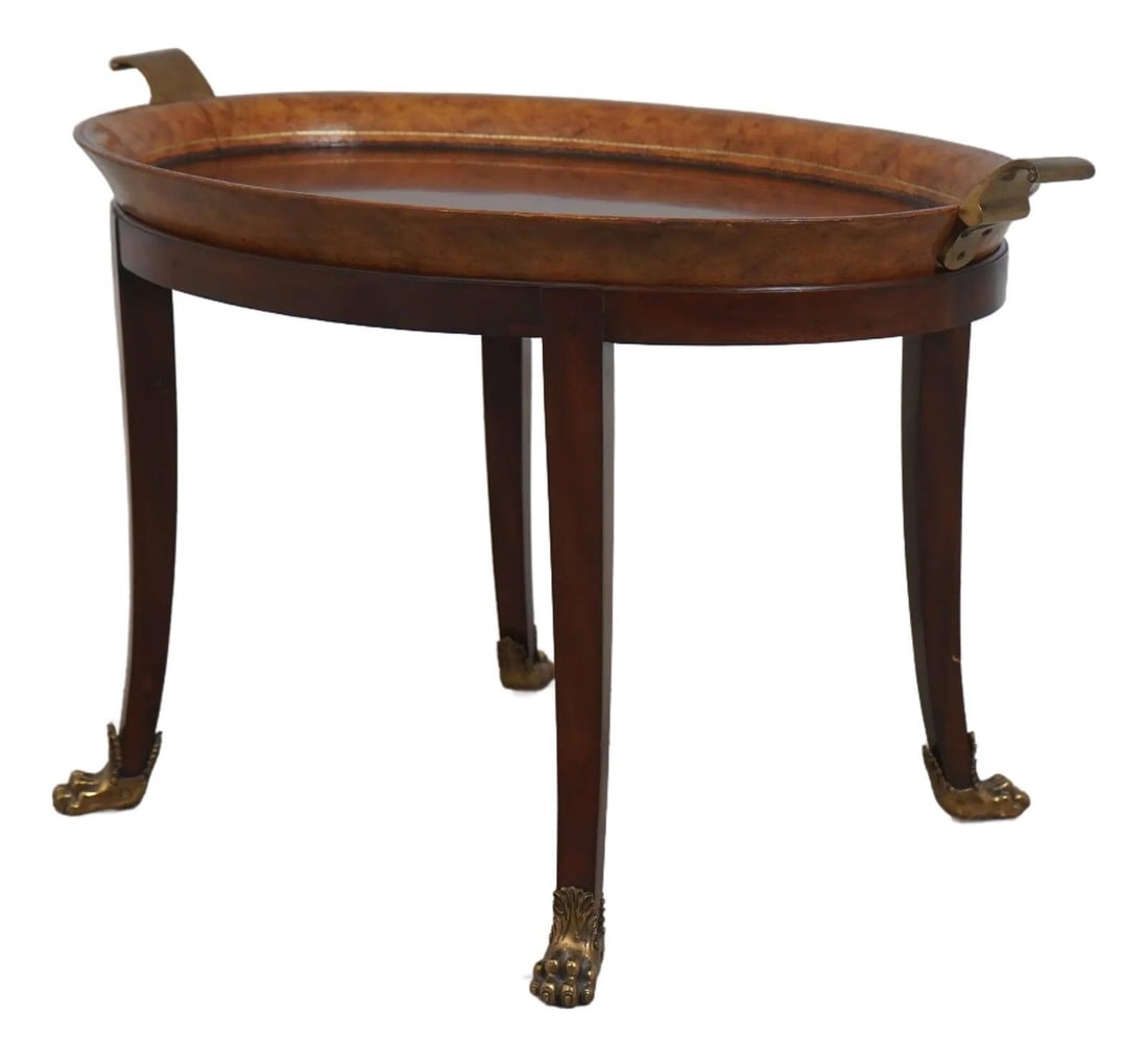 Maitland Smith Burl Walnut Tray Coffee Table with Brass Feet: Maitland Smith Burl Walnut Tray Coffee Table with Brass Feet This exquisite Maitland Smith coffee table features a stunning burl walnut top and showcases quality craftsmanship. The tray top is removab