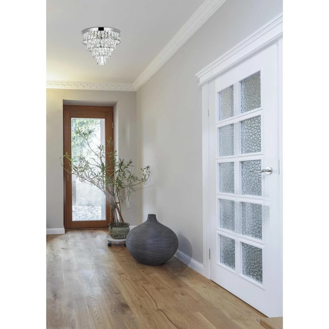 Josephine 18 in Chrome Crystal 6 Light Chandelier: Josephine 18 in Chrome Crystal 6 Light Chandelier Modern chrome-plated crystal chandelier flush mount light fixture with a clear crystal and glass design. It is a 6-light indoor chandelier with LED li