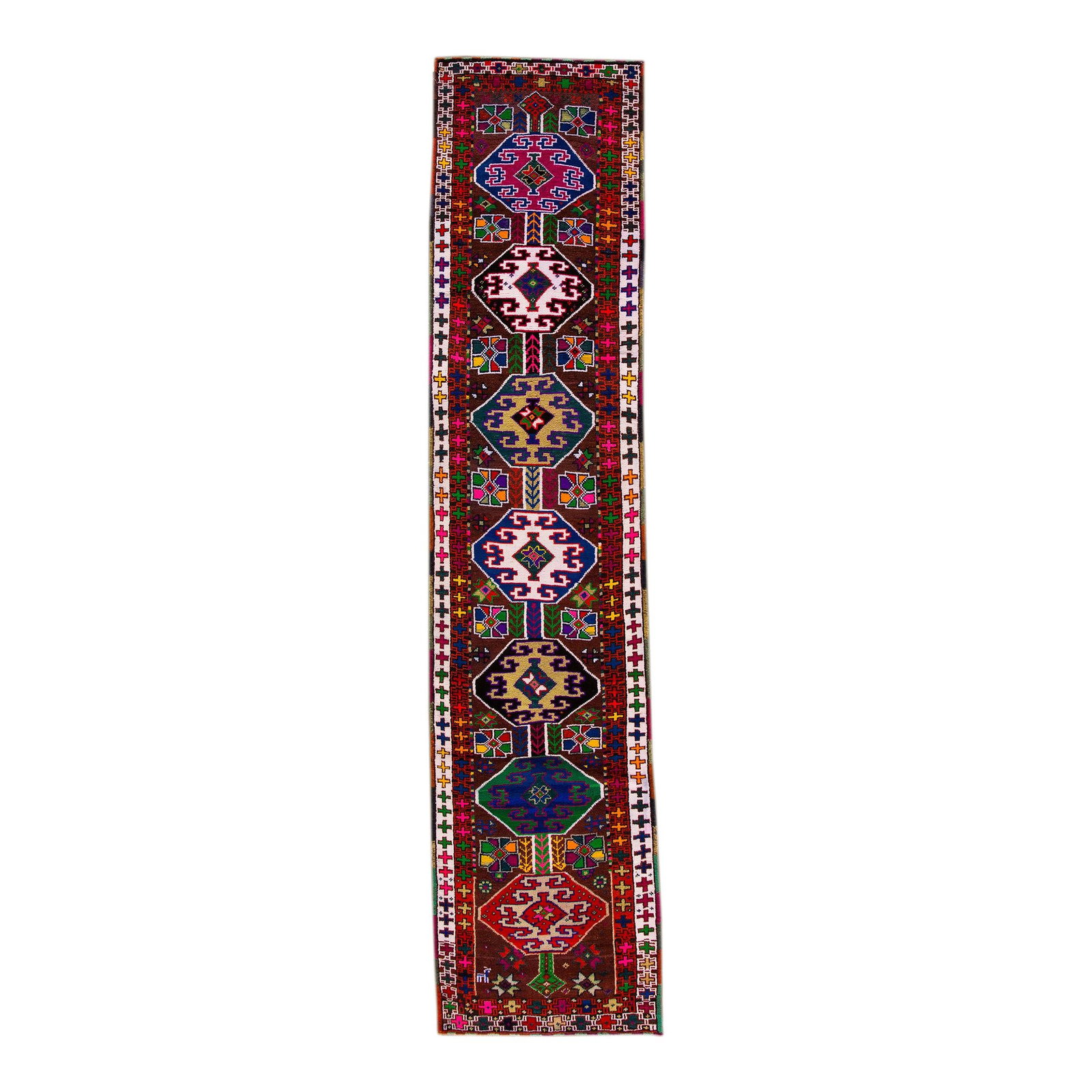 Vintage Turkish Hand-Knotted Wool Runner Ruby Red Tribal Design 2'11 x 11: Vintage Turkish Hand-Knotted Wool Runner Ruby Red Tribal Design 2'11 x 11 This exquisite vintage Turkish hand-knotted wool runner showcases a stunning ruby-red field adorned with multi-color accents i