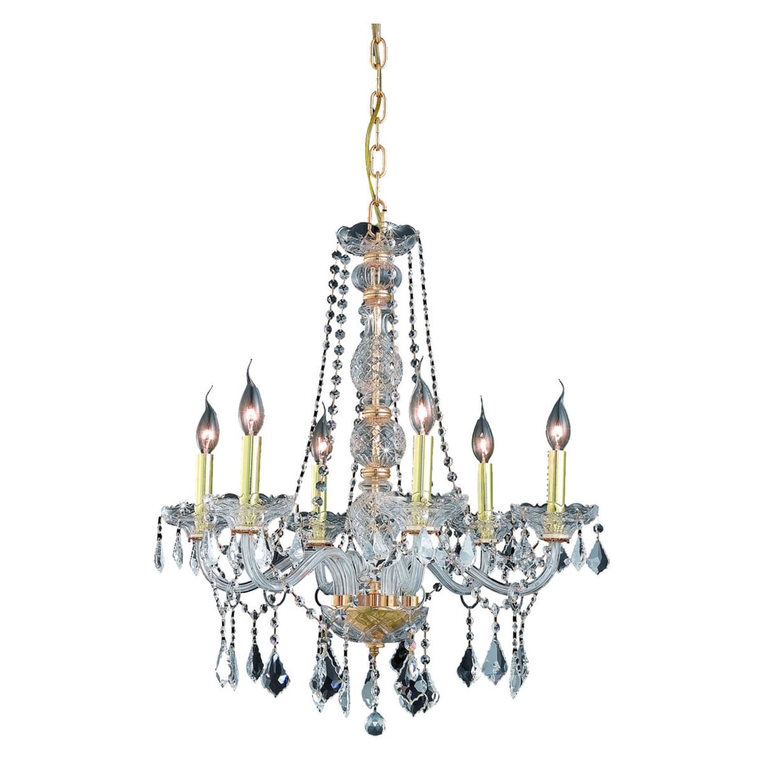 Venetian style gold crystal glass chandelier 6 light 24 x 28 in: Venetian style gold crystal glass chandelier 6 light 24 x 28 in This Venetian-style chandelier features a gold-finished frame adorned with clear Royal Cut crystals and glass, creating an elegant cente