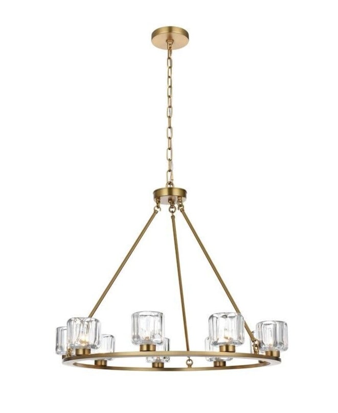 Cadence 32 in 9 Light Satin Gold Chandelier: Cadence 32 in 9 Light Satin Gold Chandelier Satin gold farmhouse chandelier with a metal frame and glass shades, designed for indoor use. It features 9 lights, hardwired installation, adjustable hangi