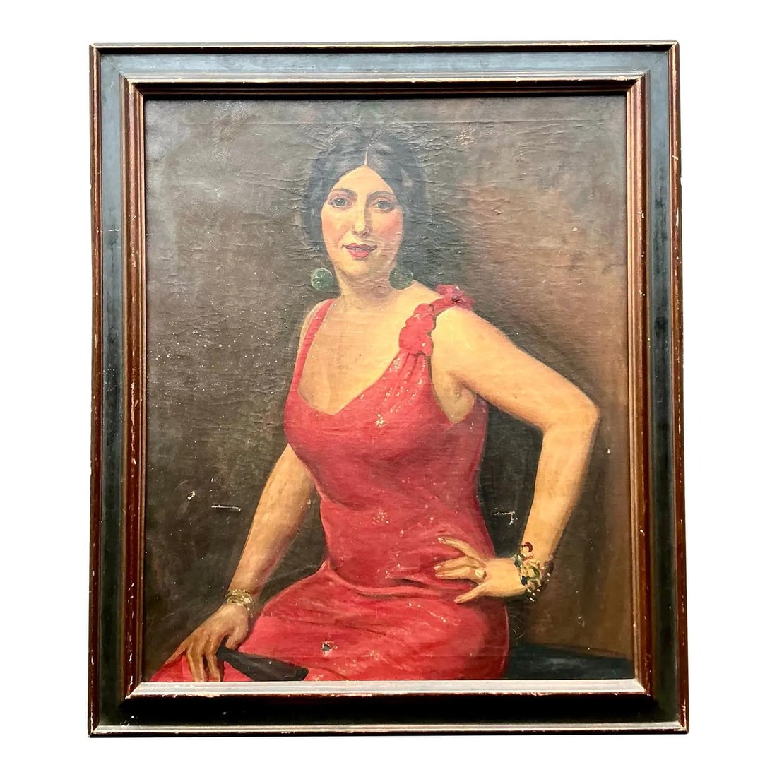 Large Art Deco Oil Painting Lady in Pink on Canvas Framed 36.5 x 42.75: Large Art Deco Oil Painting Lady in Pink on Canvas Framed 36.5 x 42.75 This vintage Art Deco oil portrait captures a striking dark-haired woman in a fuchsia-pink gown, exuding the glamour of the Roari