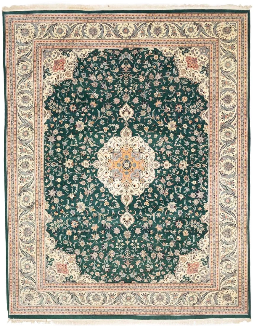Hand-Knotted Vintage Green Wool Floral Area Rug 12'1 x 15'3: Hand-Knotted Vintage Green Wool Floral Area Rug 12'1 x 15'3 This handmade area rug features a traditional floral pattern in green, cream, peach, lavender, gold, and navy hues. Crafted in India using a
