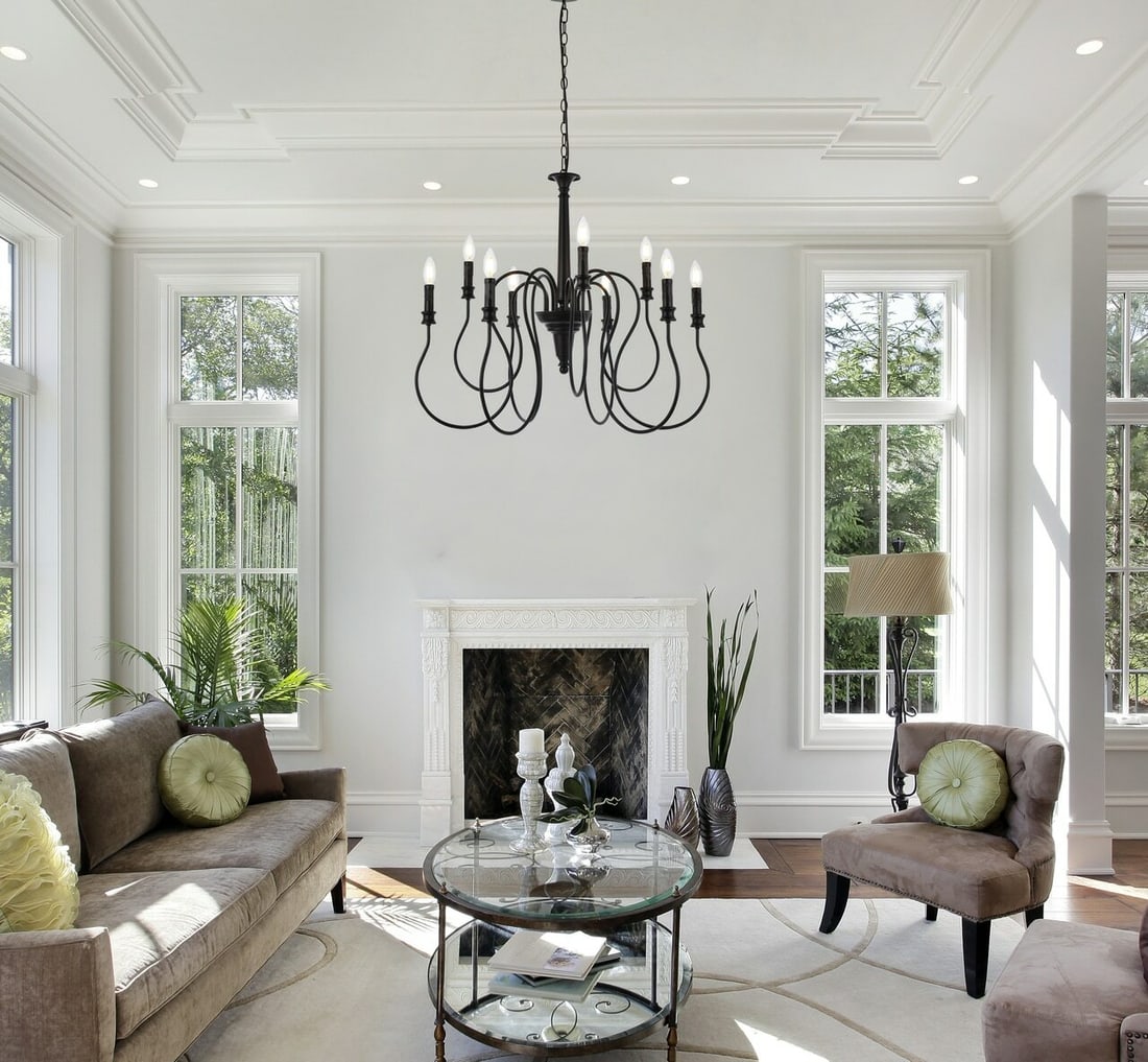 Flynx 9-Light Black Chandelier 31 Inch Dimmable LED: Flynx 9-Light Black Chandelier 31 Inch Dimmable LED This modern farmhouse chandelier features a black finish and a round, Art Nouveau-inspired candlestick design. Suitable for a variety of indoor spac