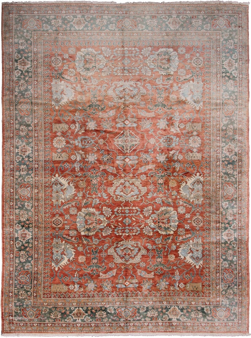 Vintage Sultanabad Wool Geometric Arts Crafts Area Rug 9'8 x 13': Vintage Sultanabad Wool Geometric Arts Crafts Area Rug 9'8 x 13' This vintage Sultanabad area rug features a traditional geometric Arts & Crafts design in a soft rust color, complemented by accents of