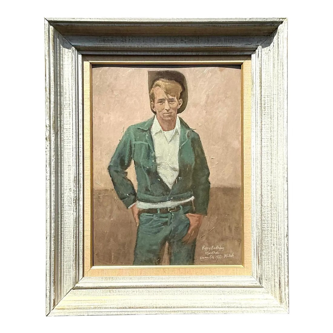 Framed Cowboy Portrait Vintage Oil Painting With Dedication: Framed Cowboy Portrait Vintage Oil Painting With Dedication This vintage oil portrait captures the rugged spirit of the American West, featuring a male cowboy standing in a relaxed pose and dressed in