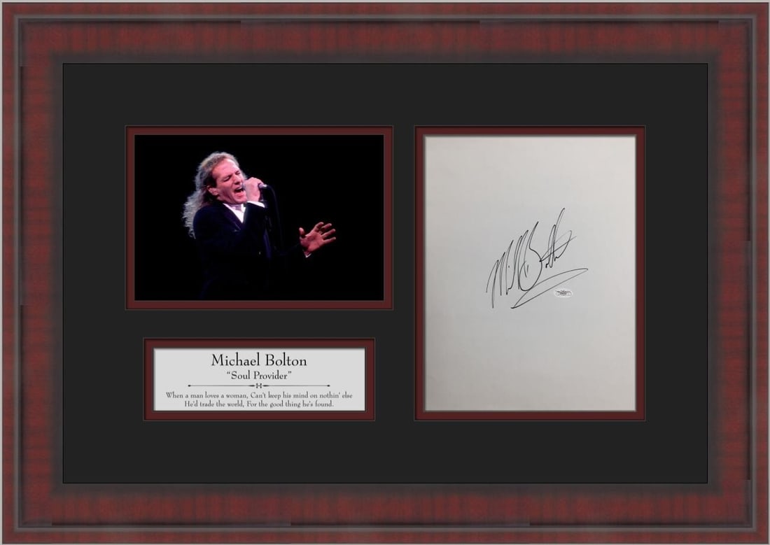 Michael Bolton Signed Custom Framed JSA COA 16 x 21: Michael Bolton Signed Custom Framed JSA COA 16 x 21 This stunning custom framed piece features the signature of the renowned artist Michael Bolton, beautifully displayed on a 7" x 6" card stock. Accom