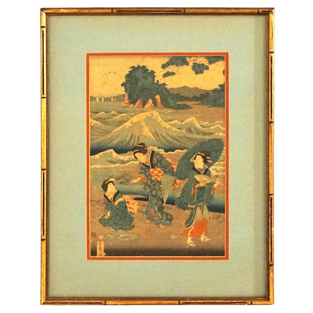 Sadatora Japanese woodblock print framed bamboo style 20.5 x 15.5 in: Sadatora Japanese woodblock print framed bamboo style 20.5 x 15.5 in This antique Japanese woodblock print by Sadatora, dating to around 1920, presents an exterior genre scene that highlights a tradit