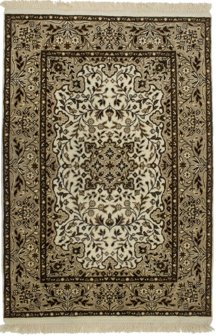 Hand-Knotted Wool Kirman Floral Area Rug 2'8 x 3'10 Rectangle: Hand-Knotted Wool Kirman Floral Area Rug 2'8 x 3'10 Rectangle This handmade small Kirman floral rug features a classic oriental design with a cream, brown, and khaki color palette. Expertly hand-knott