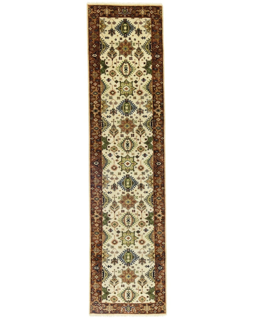 Hand-Knotted 3x10 ft Indo-Karajeh Wool Runner Geometric Tribal Design: Hand-Knotted 3x10 ft Indo-Karajeh Wool Runner Geometric Tribal Design Enhance your space with this exquisite 3x10 ft Indo-Karajeh Oriental Runner, featuring a stunning geometric tribal design. This ha