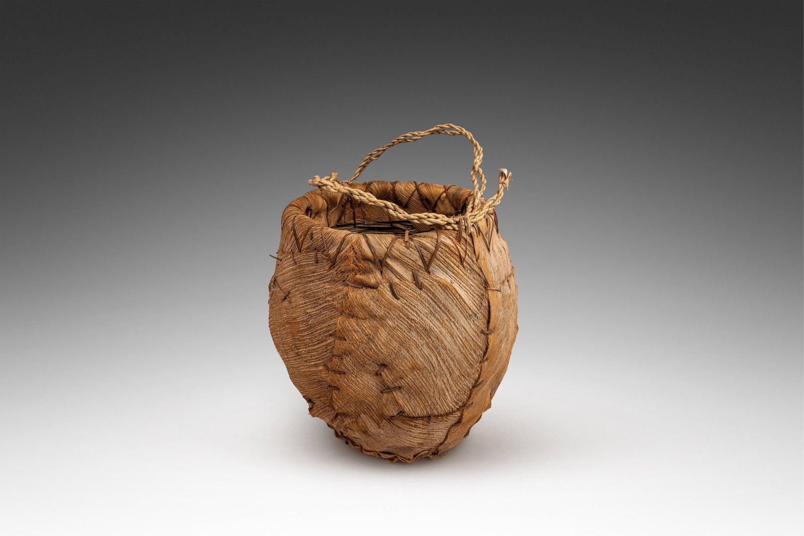 Vintage Hand-Woven Palm Bark Basket Planter USA 18" Organic Folk Art (1 of 10)