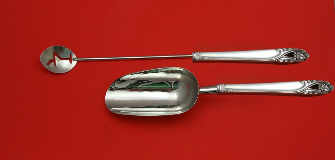 International Sterling Silver Spring Glory Bar Set 2pc Martini Spoon Ice Scoop: International Sterling Silver Spring Glory Bar Set 2pc Martini Spoon Ice Scoop Elevate your entertaining experience with the exquisite Spring Glory Bar Set by International Sterling. This custom-made,