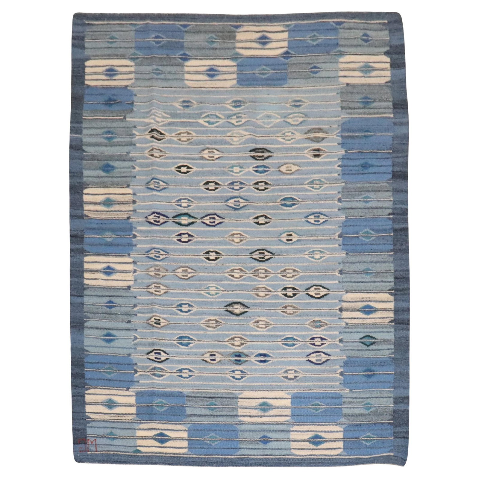 Zabihi Collection Hand-Knotted Abstract Blue Swedish Kilim 58 x 72: Zabihi Collection Hand-Knotted Abstract Blue Swedish Kilim 58 x 72 This exquisite Abstract Swedish Kilim from the Zabihi Collection showcases a stunning blend of blues, greens, and creams, reflecting 
