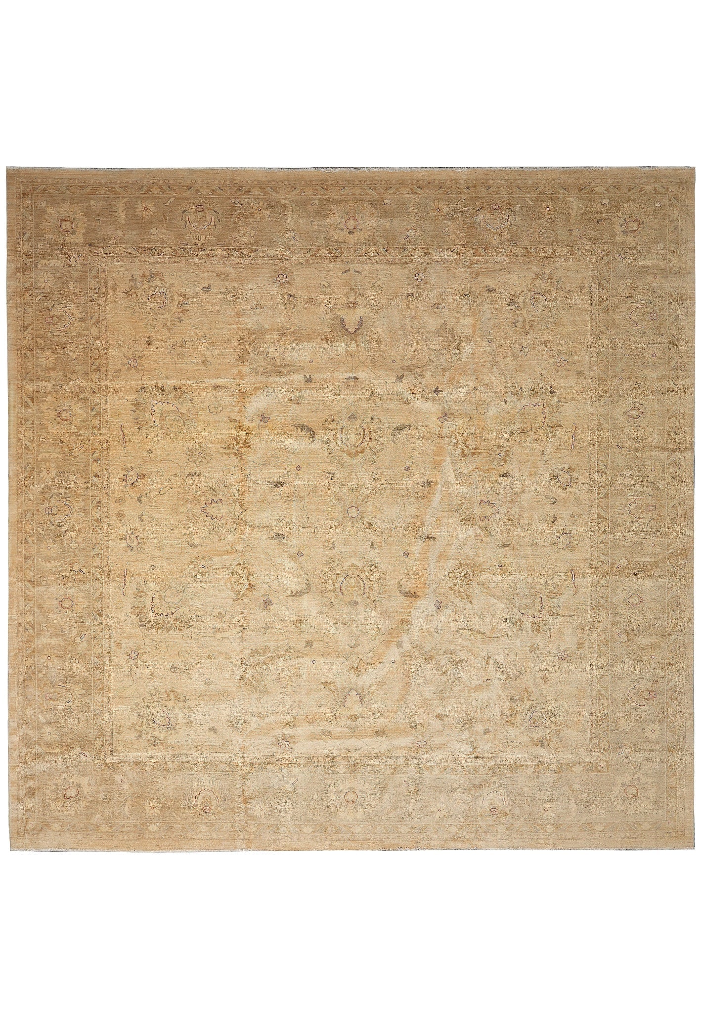 13.6 x 13.8Feet Square Chobi Peshawar Hand-Knotted Wool Rug: 13.6 x 13.8Feet Square Chobi Peshawar Hand-Knotted Wool Rug Free continental US Shipping This square Chobi Peshawar rug features a classic hand-knotted design with subtle floral motifs, gentle borders
