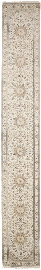 Hand Knotted Wool Silk Floral Indo Nain Runner 2'8 x 18'3: Hand Knotted Wool Silk Floral Indo Nain Runner 2'8 x 18'3 Elevate your living space with this Extra Fine Floral Indo-Nain Runner Rug. Measuring 2'8" x 18'3" (approximately 3 x 18 ft), this oversized r