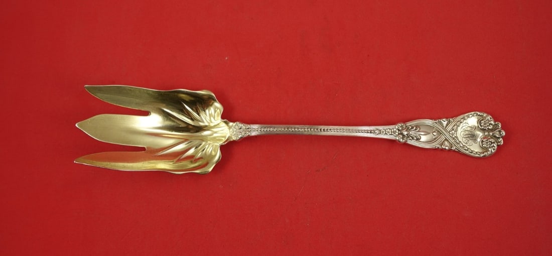 Tiffany & Co Saint James Sterling Silver Gold Washed Salad Fork 9 7/8: Tiffany & Co Saint James Sterling Silver Gold Washed Salad Fork 9 7/8 This is a Tiffany & Co. Saint James pattern sterling silver salad fork featuring a gold-washed, 3-tine design. The fork measures 9