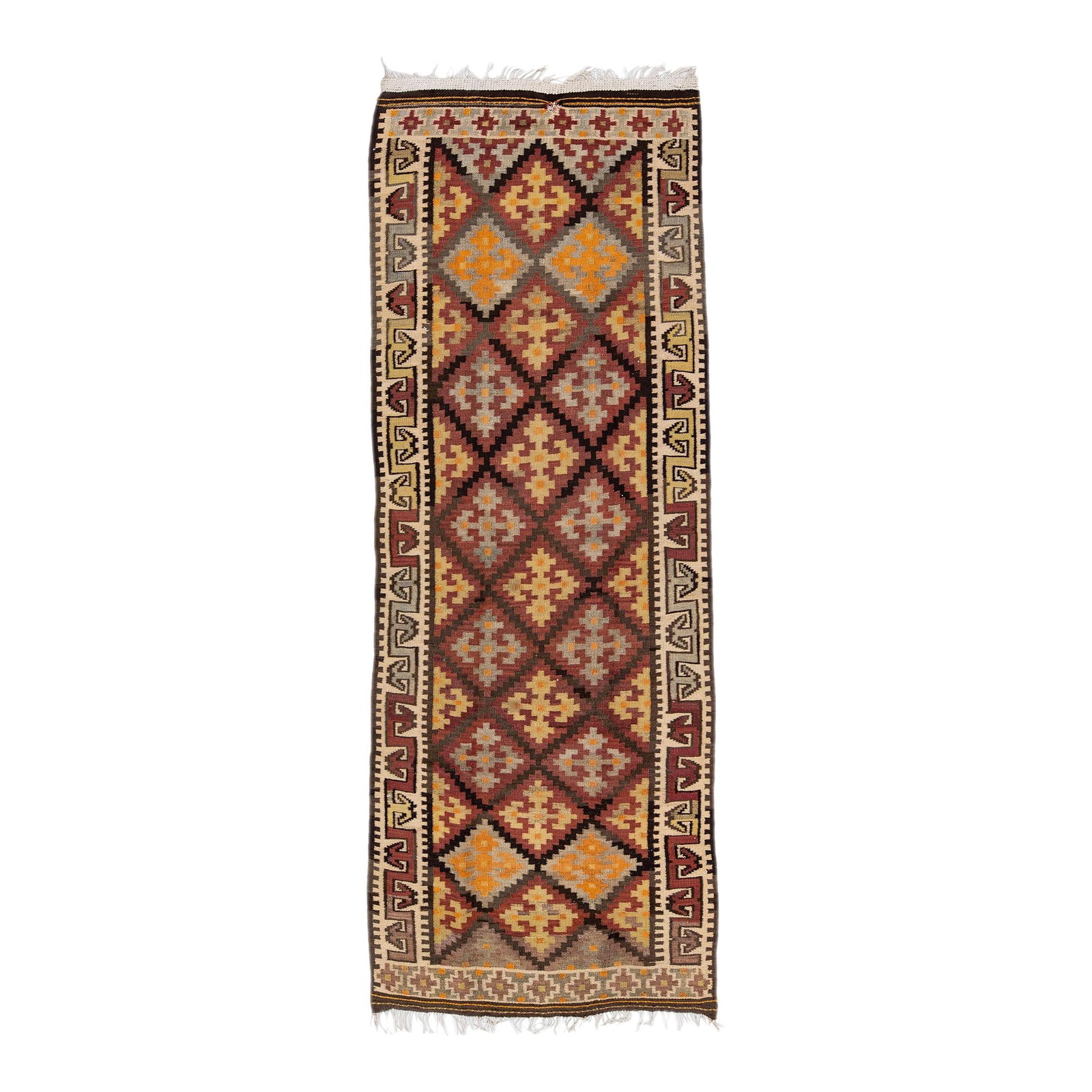 Vintage Turkish Kilim Orange Wool Runner Handmade Tribal Design 3'10 x 10'10: Vintage Turkish Kilim Orange Wool Runner Handmade Tribal Design 3'10 x 10'10 This stunning vintage Turkish Kilim runner features a vibrant orange field, elegantly framed in beige. The rug showcases a 