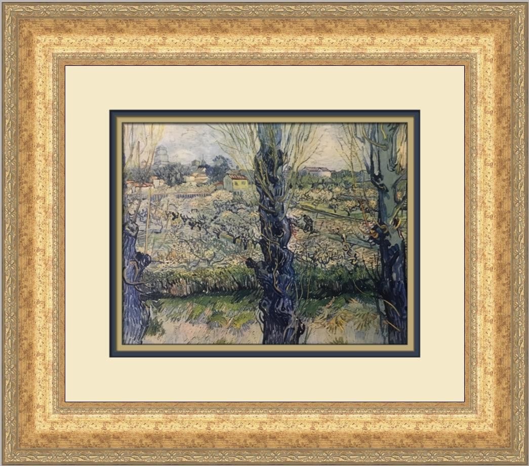 Vincent Van Gogh View Of Arles Custom Framed Art Print: Vincent Van Gogh View Of Arles Custom Framed Art Print This custom framed print features Vincent Van Gogh's iconic artwork, 'View Of Arles'. Expertly framed in a 2 1/2" antique gold frame, this piece 