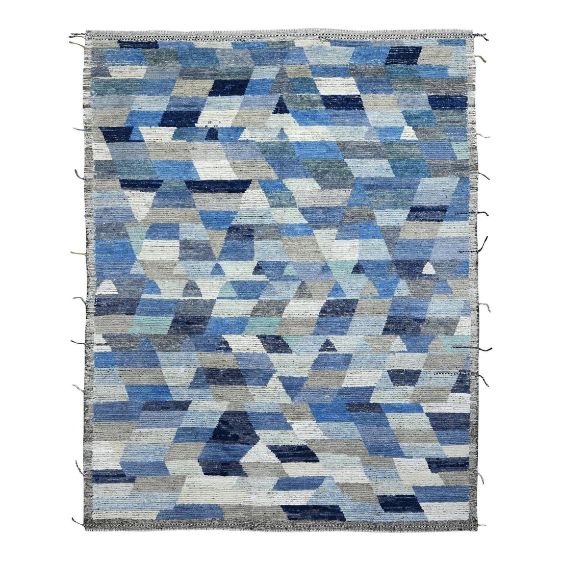Contemporary Blue Geometric Moroccan Wool Rug 9'1" x 11'8": Contemporary Blue Geometric Moroccan Wool Rug 9'1" x 11'8" Elevate your space with this exquisite contemporary hand-knotted Moroccan-style wool rug. Featuring an allover geometric design, this rug sho
