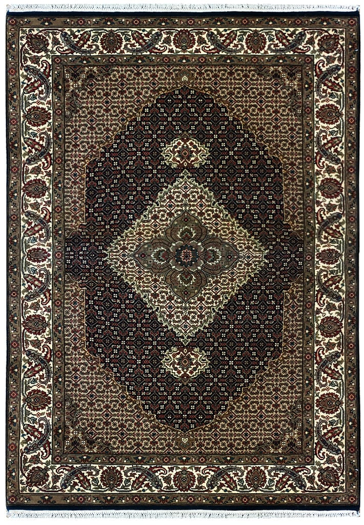 Handmade 4x6 Wool Silk Mahi Tabriz Area Rug India: Handmade 4x6 Wool Silk Mahi Tabriz Area Rug India Free continental US Shipping Introducing a luxurious 4' x 6' Handmade Wool Silk Mahi Tabriz Rug, showcasing the exquisite artistry of Persian craftsma