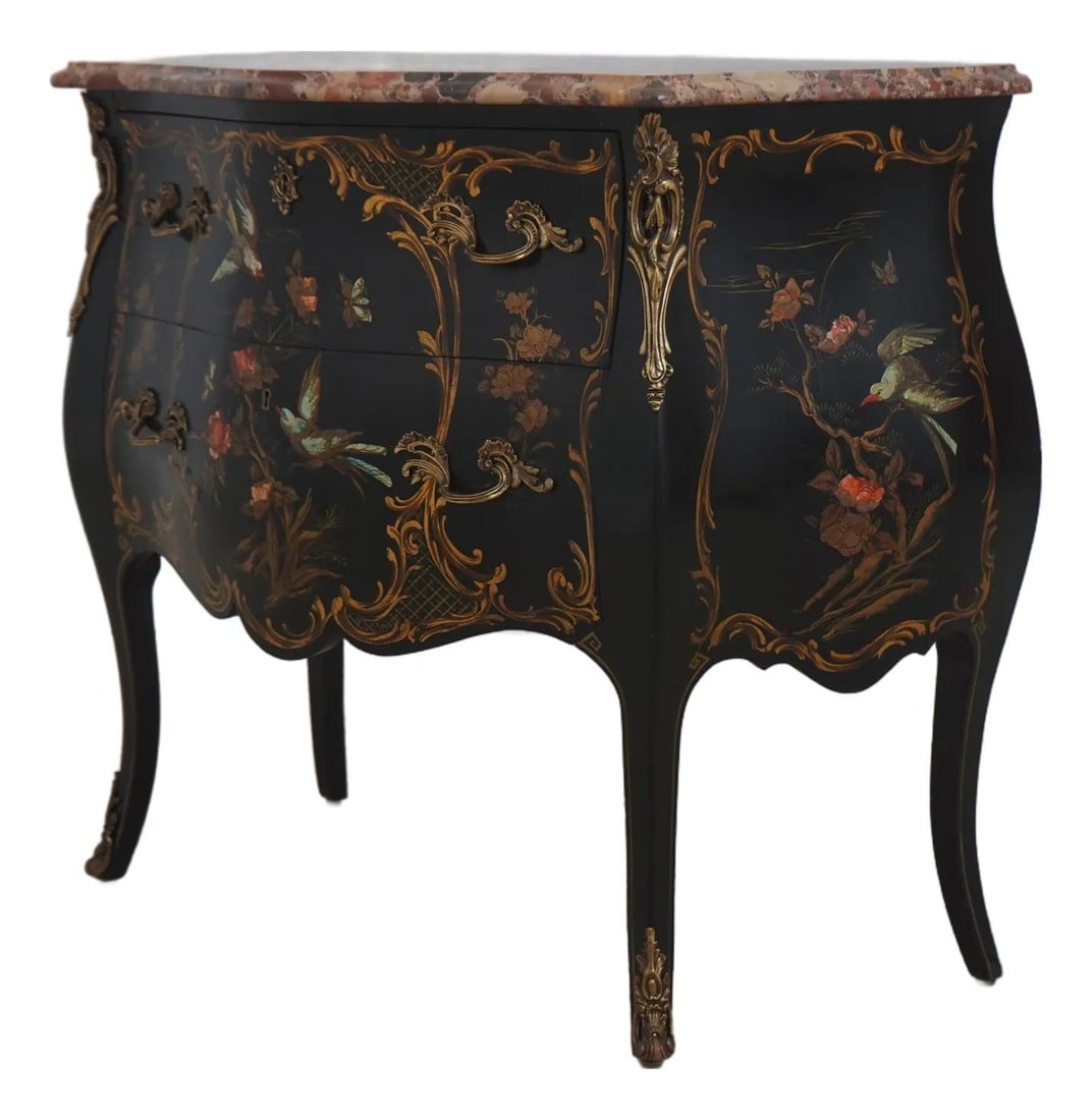 1930s French Chinoiserie Marble Top Brass Ormolu Commode Chest (1 of 10)