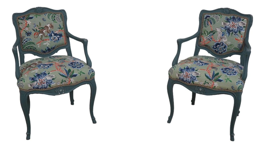 Pair French Petite Armchairs Green Painted Animal Print Upholstery: Pair French Petite Armchairs Green Painted Animal Print Upholstery This pair of petite French armchairs features a greenish blue custom-distressed painted finish and finely carved details. The chairs 