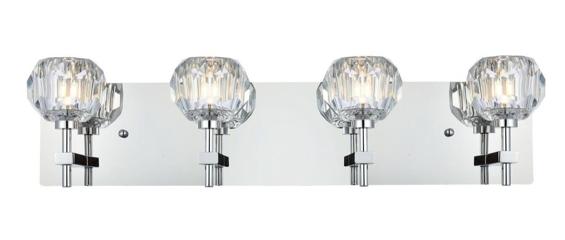 Chrome Crystal 4-Light Wall Fixture Graham: Chrome Crystal 4-Light Wall Fixture Graham This modern wall sconce features a chrome finish and four clear crystal shades, creating a contemporary lighting solution ideal for bathrooms, bedrooms, dini