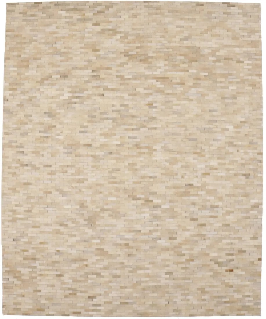 Modern 8' x 10' Beige Leather Area Rug Hand-Crafted Geometric Pattern: Modern 8' x 10' Beige Leather Area Rug Hand-Crafted Geometric Pattern This large hand-crafted area rug is made from beige cowhide leather, offering a modern geometric design. The flat pile and rectang