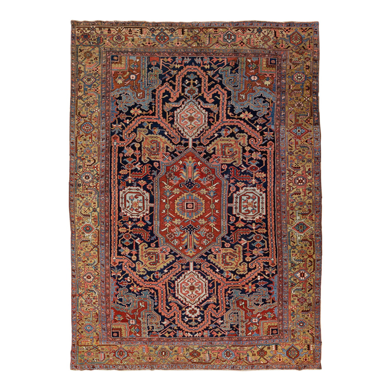 Antique Persian Heriz Handmade Wool Rug 9'9 x 13'6 Blue: Antique Persian Heriz Handmade Wool Rug 9'9 x 13'6 Blue Discover the elegance of this Antique Persian Heriz handmade rug, expertly hand-knotted from premium wool. Showcasing a stunning navy-blue and r