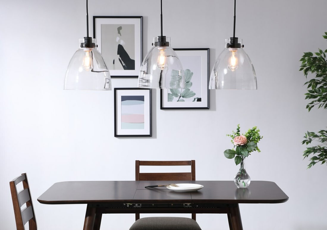Frey 3-Light Black Clear Glass Pendant by 42.8in: Frey 3-Light Black Clear Glass Pendant by 42.8in Modern 3-light pendant chandelier with a black finish and clear cone glass shades. It is height-adjustable, dimmable, and designed for indoor installat