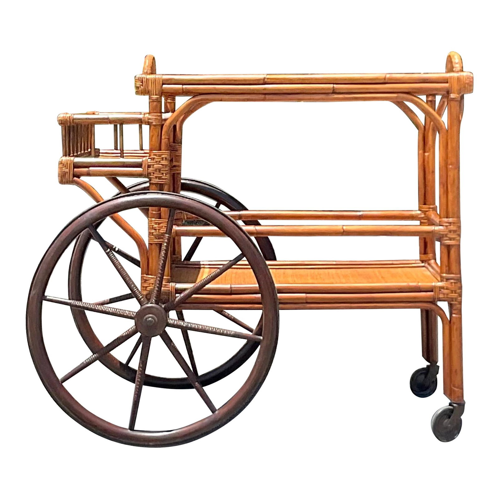 Vintage Coastal Bent Rattan Bar Cart: Vintage Coastal Bent Rattan Bar Cart Experience the charm of coastal living with this Vintage Coastal Bent Rattan Bar Cart. Designed to evoke the essence of American leisure, this piece is crafted fro