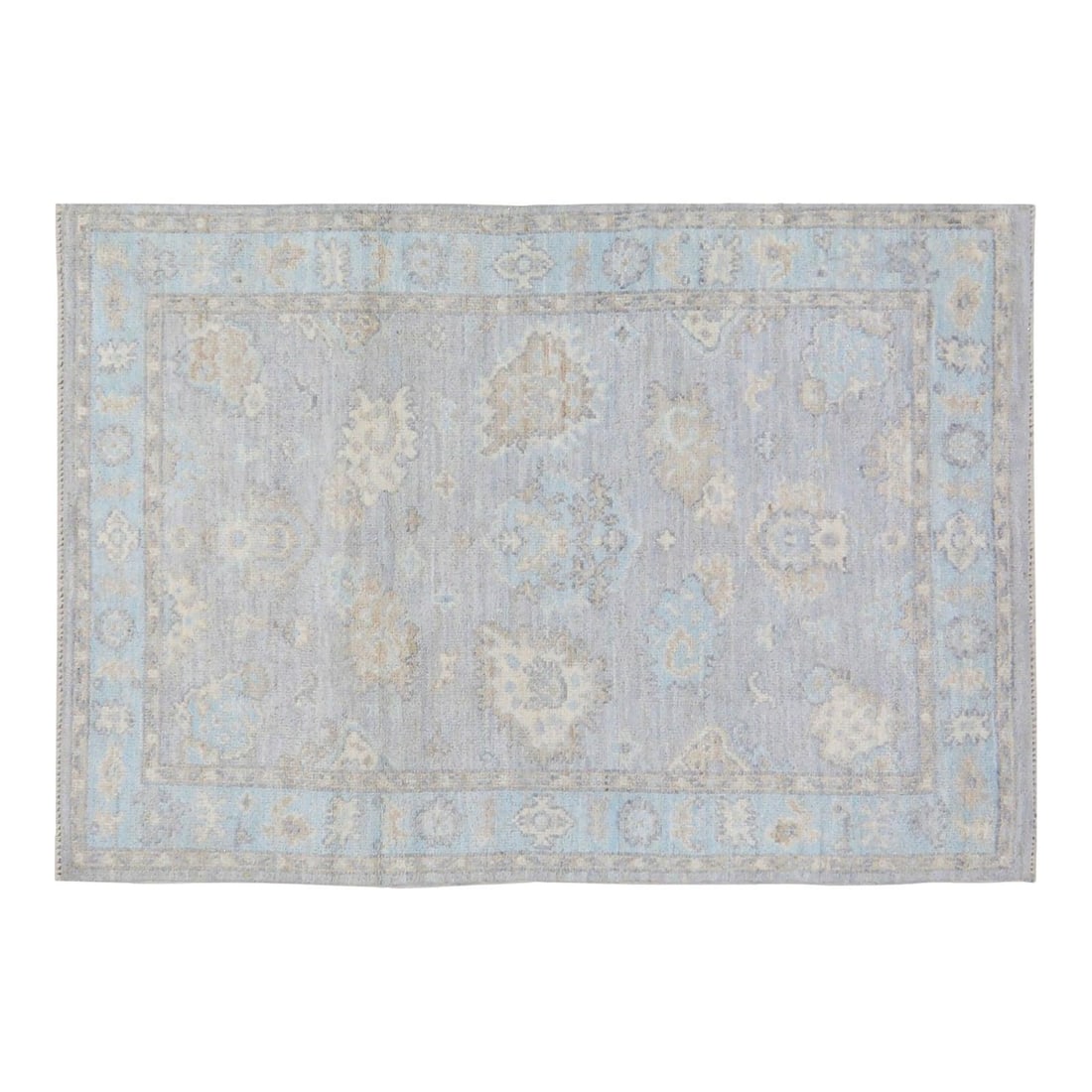 Lavender Wool Oushak Style Area Rug Hand Knotted 4' x 5'10": Lavender Wool Oushak Style Area Rug Hand Knotted 4' x 5'10" This contemporary Oushak rug features a hand-knotted wool construction with natural colors and a fine weave. The rug showcases a lavender co
