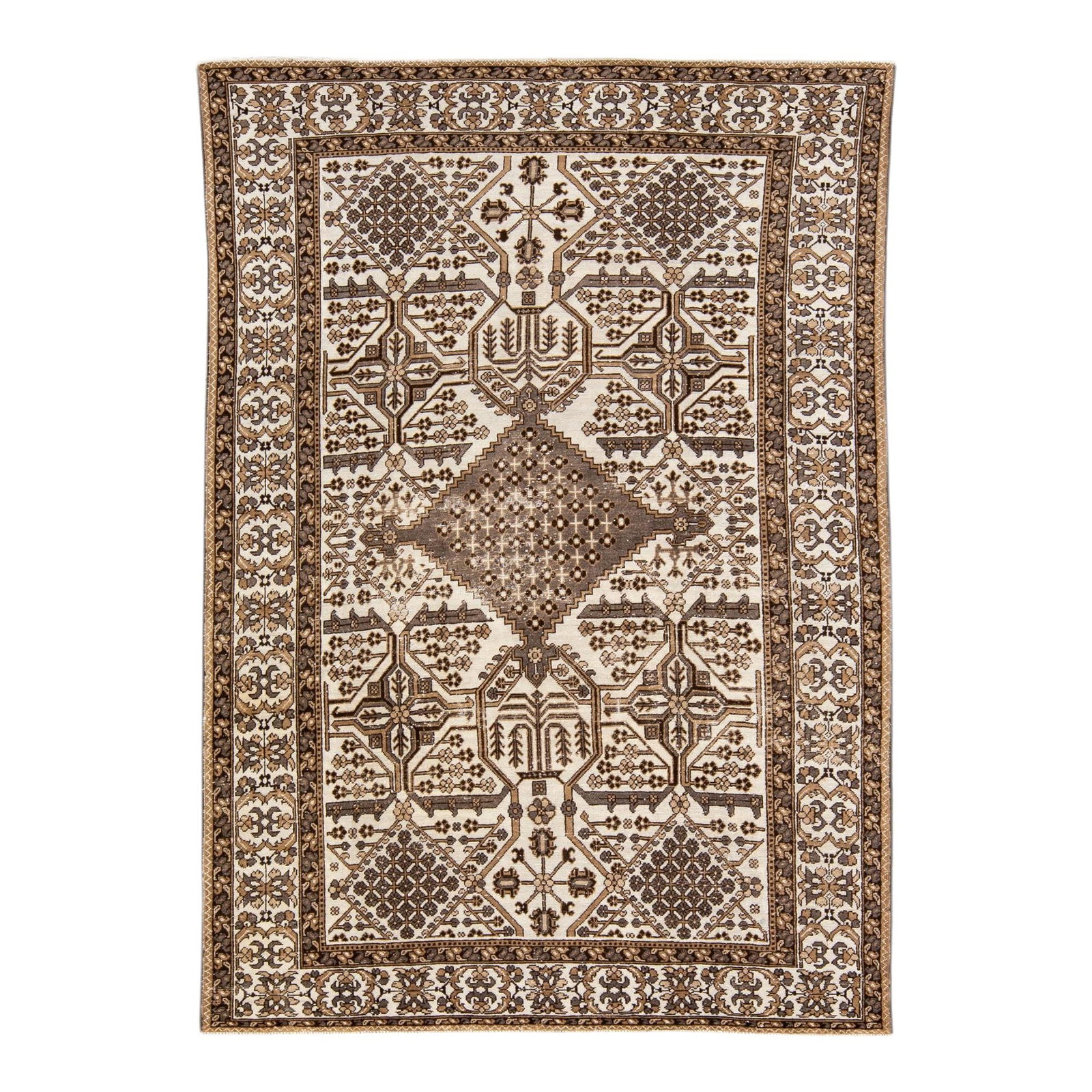 Vintage Persian Handmade Geometric Wool Rug 7'11 x 11'2 Ivory: Vintage Persian Handmade Geometric Wool Rug 7'11 x 11'2 Ivory This stunning Vintage Persian rug features a beautifully distressed design, hand-knotted from high-quality wool. The rug showcases a soft 