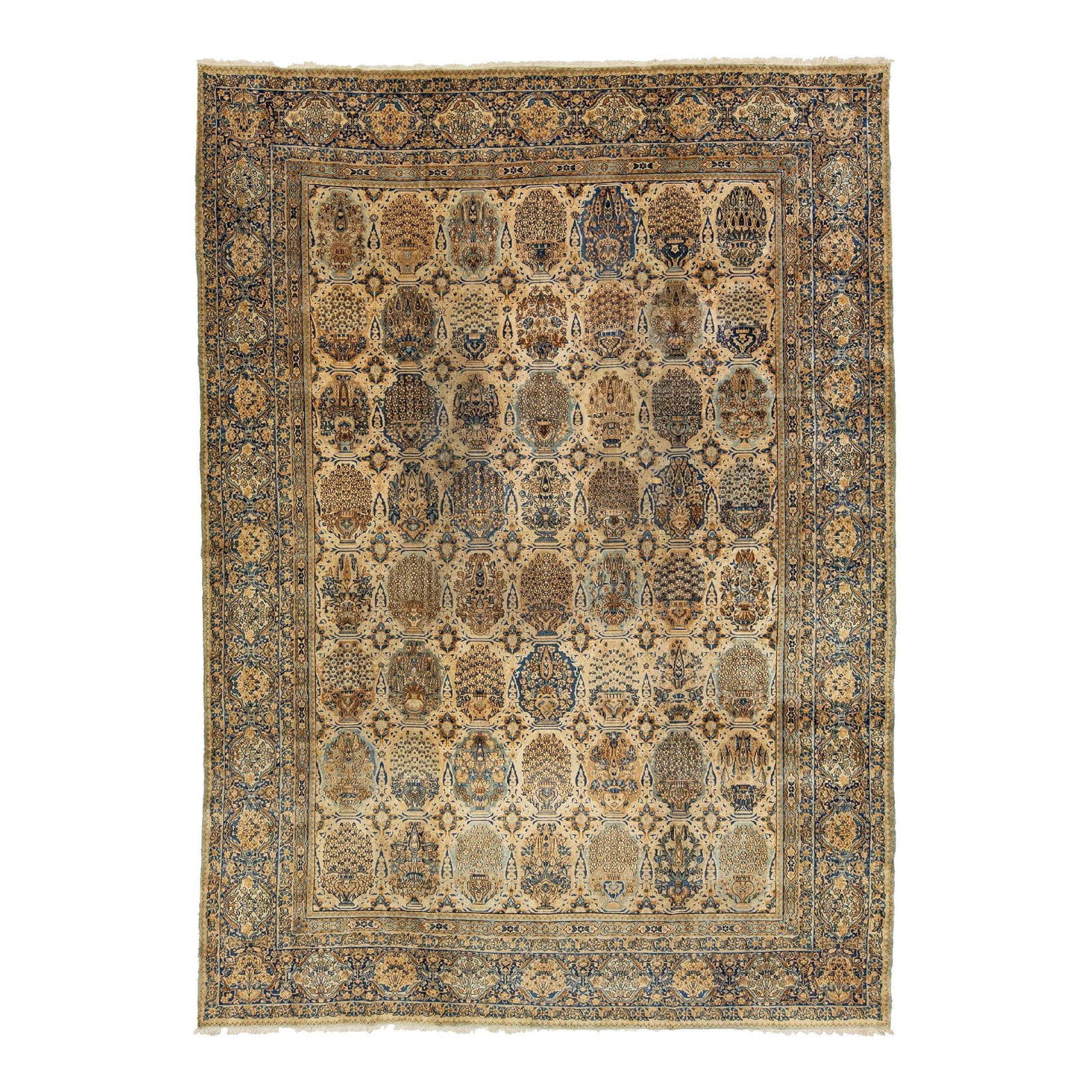 Antique Persian Kerman Wool Rug 9'4 x 13'10 Floral Pattern Tan Beige: Antique Persian Kerman Wool Rug 9'4 x 13'10 Floral Pattern Tan Beige Enhance your space with this stunning Antique Persian Kerman Wool Rug, featuring a warm tan beige field adorned with intricate brow
