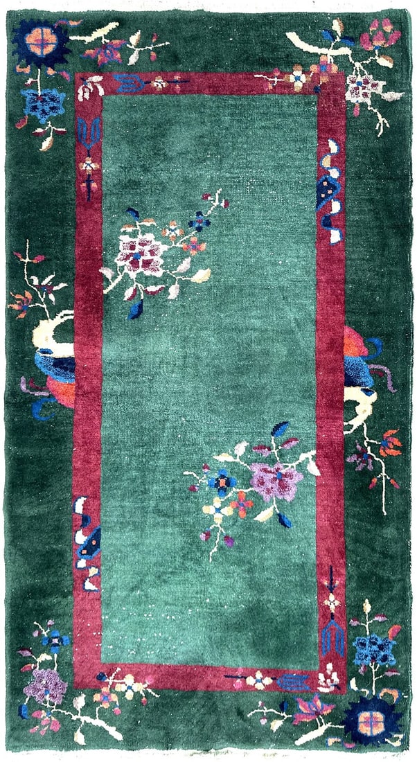 92cm x 178cm Chinese Art Deco Wool Rug Green Floral Border C.1920: 92cm x 178cm Chinese Art Deco Wool Rug Green Floral Border C.1920 Antique Chinese Art Deco rug in a green colorway with a floral border pattern. It is hand-knotted and handmade in wool with a cotton f
