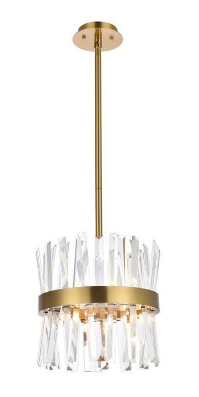 Serephina 6-Light Satin Gold Crystal Pendant Chandelier 12 Inch: Serephina 6-Light Satin Gold Crystal Pendant Chandelier 12 Inch This modern crystal pendant chandelier features a high-quality satin gold finish, complemented by royal cut clear crystals for an elegan