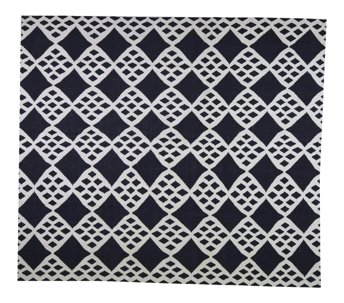 8'8 x 9'10 Wool Kilim Rug Vintage Anatolian Turkish Handwoven Navy Blue: 8'8 x 9'10 Wool Kilim Rug Vintage Anatolian Turkish Handwoven Navy Blue This vintage Turkish Anatolian kilim is hand woven from wool and features natural colors with a fine weave. The predominant colo