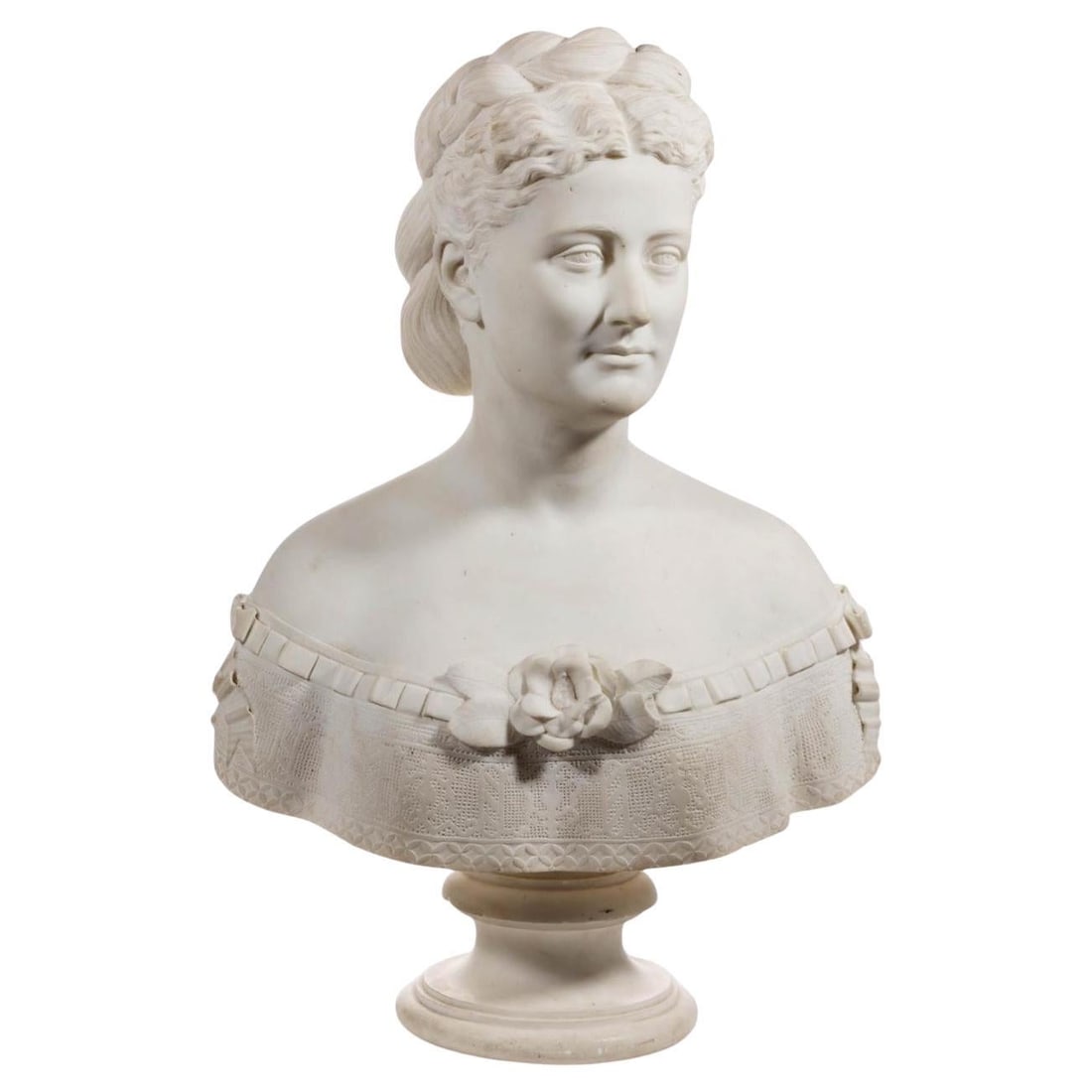 Thomas Ridgeway Gould Carrara Marble Female Bust Sculpture Florence 1870: Thomas Ridgeway Gould Carrara Marble Female Bust Sculpture Florence 1870 This impressive 19th-century Carrara white marble bust depicts a distinguished American woman. Expertly hand-carved by Thomas R