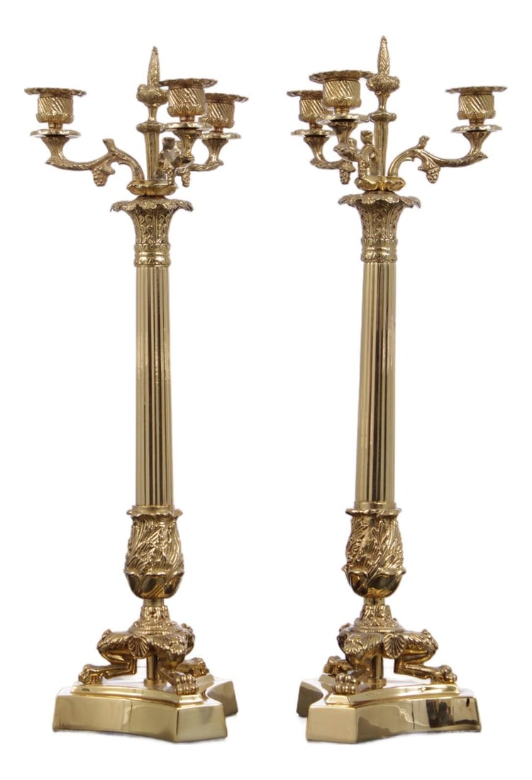 Set of Two Brass French Empire Style Three Arm Candelabras: Set of Two Brass French Empire Style Three Arm Candelabras This pair of French Empire style candelabras features high-quality construction with solid brass hardware. Each candelabra offers three branc