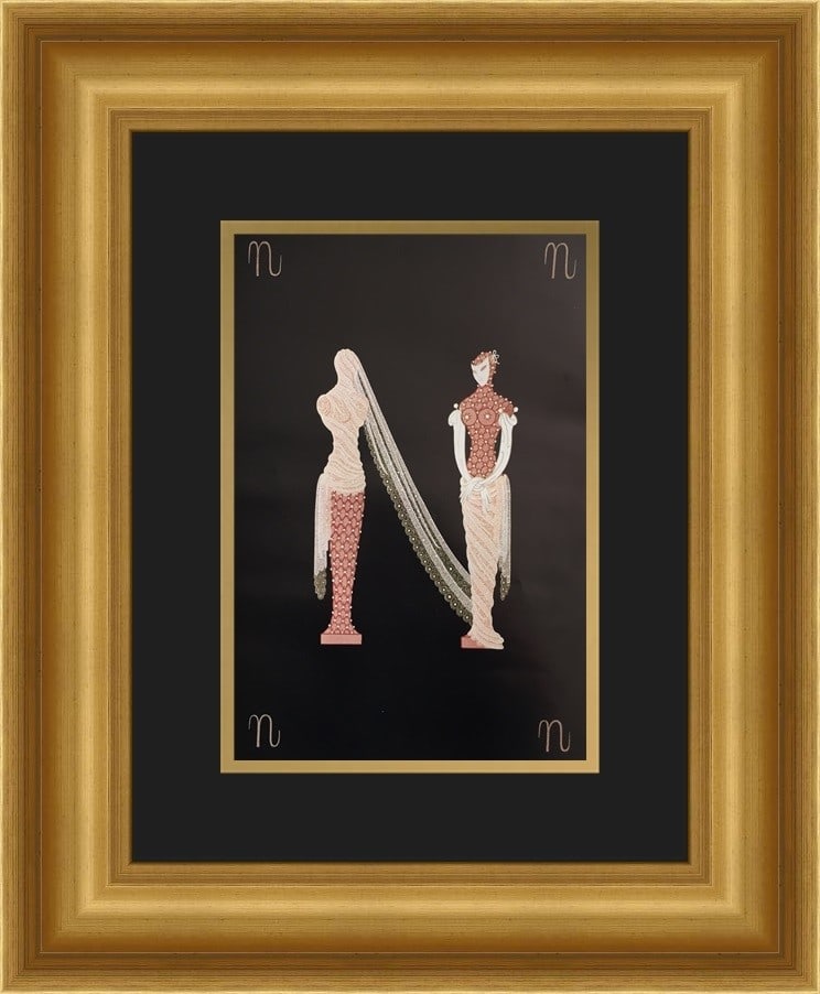 Erte Alphabet Suite N Custom Framed Art Deco Print 17x21: Erte Alphabet Suite N Custom Framed Art Deco Print 17x21 This stunning custom framed print features the letter "N" from Erte's Alphabet Suite, showcasing Art Deco style with vibrant figures. The piece