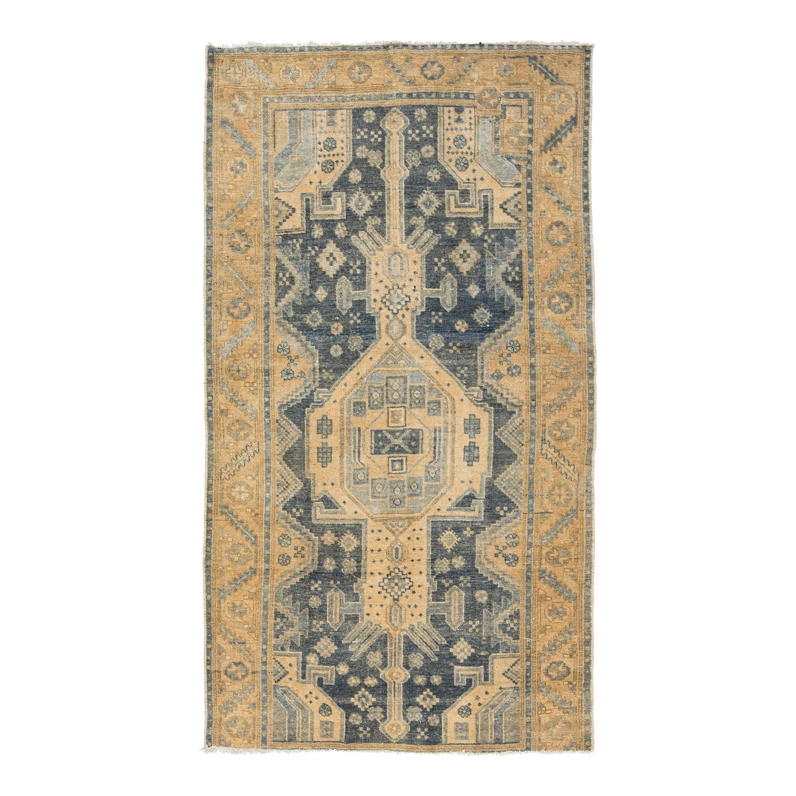 Vintage Persian Hamadan Handmade Wool Rug 3'11 x 7 Geometric Blue Design: Vintage Persian Hamadan Handmade Wool Rug 3'11 x 7 Geometric Blue Design This exquisite Vintage Persian Hamadan Rug showcases a stunning geometric design with a beige field accented by striking blue h