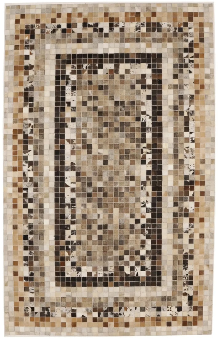 Modern 5x8 Multicolored Cowhide Leather Area Rug Geometric Pattern: Modern 5x8 Multicolored Cowhide Leather Area Rug Geometric Pattern This modern 5x8 area rug is hand-crafted from multicolored cowhide leather, featuring a geometric pattern in beige, cream, dark brown