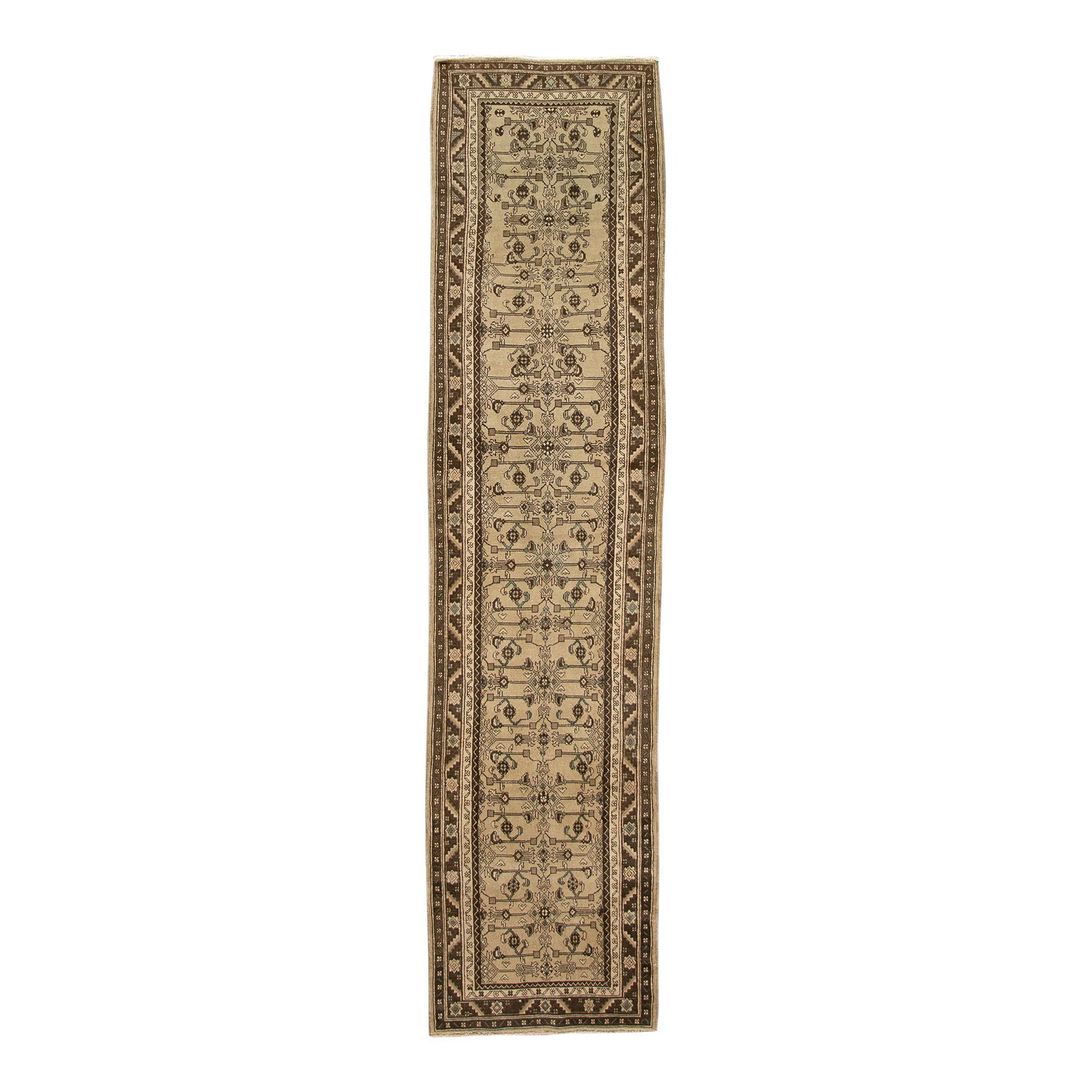 Vintage 1960s Persian Malayer Brown Handmade Wool Runner 2'11 x 12'06: Vintage 1960s Persian Malayer Brown Handmade Wool Runner 2'11 x 12'06 This exquisite vintage Malayer runner features a hand-knotted wool construction with a rich brown field, enhanced by teal and beig